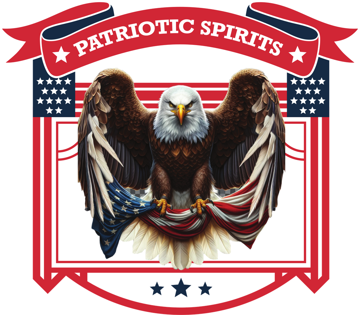 Patriotic Spirits crest: a bald eagle with outstretched wings holding an American flag, beneath a ribbon reading Patriotic Spirits